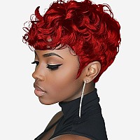 Docute Red Pixie Cut Wigs For Black Women Short Hair Red Short Fluffy Pixie Cut Wigs Natural Red Wavy Synthetic Wigs For Black