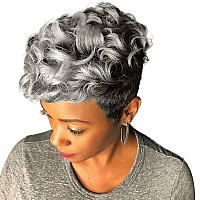 MOONSHOW Grey Pixie Cut Wig Short Grey Wigs for Black Women Pixie Cut Wig with Bangs Short Pixie Wig for Blcak Women Fluffy Pixie Curly Wig Natural Wavy Short Gray Pixie Cut Wig for Women(Grey)