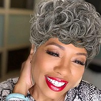 MOONSHOW Short Curly Wigs for Blcak Women Black Mixed Silver Pixie Cut Wig for Black Women Cute Blonde Wig with Bangs Short Layered Pixie Wig Synthetic Natural Wavy Synthetic Hair Wigs for Women