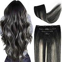 16 Clip In Hair Extensions Remy Human Hair Black Balayage Silver For Women Silky Straight 100 Real Human Hair 55Grams 4Piece