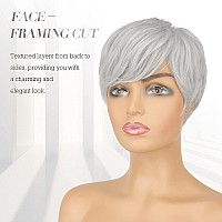 Feshfen Pixie Cut Wigs Synthetic Platinum Grey Short Pixie Haircut Wig With Bangs Glueless Layered Wavy Granny Gray Wigs For Wom