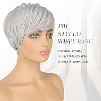 Feshfen Pixie Cut Wigs Synthetic Platinum Grey Short Pixie Haircut Wig With Bangs Glueless Layered Wavy Granny Gray Wigs For Wom