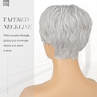 Feshfen Pixie Cut Wigs Synthetic Platinum Grey Short Pixie Haircut Wig With Bangs Glueless Layered Wavy Granny Gray Wigs For Wom