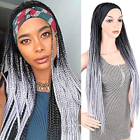 Gray Braided Headband Wigs For Black Women Long Black And Gray Box Braided Wigs Twist Crochet Hair Wrap Wig With Headband Attach