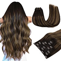 Maxita Human Hair Clip In Extensions80G 12 Inch 7Pcs Balayage Dark Brown Mixed Chestnut Brown Hair Extensions Clip In Human Ha