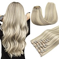 Maxita Clip In Hair Extensions Real Human Hair 12 Inch 7 Pcs Ash Blonde Highlighted Platinum Blonde 80G Remy Hair Extensions C