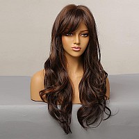 HAIRCUBE Black Wigs for Women,Long Layered Black with Blonde Highlight Wigs with Bangs Heat Resistant Synthetic Fibre Wigs(pelucas de cabello natural)