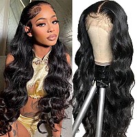 FASCARA Body Wave Lace Front Wigs Human Hair 18 Inch 13x4 HD Transparent Lace Frontal Wig Pre Plucked with Baby Hair 180% Density Brazilian Human Hair Wigs for Black Women Natural Color