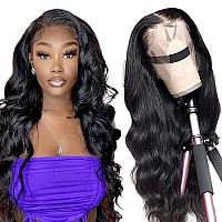 Lace Front Wigs Human Hair Body Wave For Black Women 13x4 HD Transparent Lace Frontal Wigs Pre Plucked with Baby Hair Brazilian Human Hair Wigs 100% Human Hair 180% Density Natural Color(24 Inch)