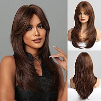 HAIRCUBE Brown Wigs for Women,Long Layered Wigs with Bangs Heat Resistant Synthetic Fibre Wigs(pelucas de cabello natural)