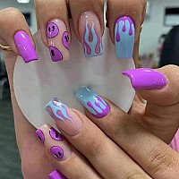 Mervf Long Press On Nails Coffin French Tip Fake Nails Purple Cute Ballerina Glue On Nails With Blue Flame Acrylic Nails Spooky