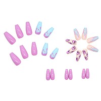 Mervf Long Press On Nails Coffin French Tip Fake Nails Purple Cute Ballerina Glue On Nails With Blue Flame Acrylic Nails Spooky