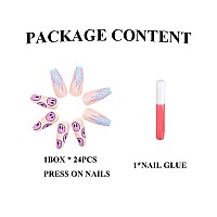 Mervf Long Press On Nails Coffin French Tip Fake Nails Purple Cute Ballerina Glue On Nails With Blue Flame Acrylic Nails Spooky