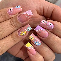 Mervf Long Press On Nails Coffin Fake Nails French Tip Pink Ballerina Cute Glue On Nails Press Ons Acrylic Nails Colorful Flower