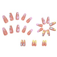 Mervf Long Press On Nails Coffin Fake Nails French Tip Pink Ballerina Cute Glue On Nails Press Ons Acrylic Nails Colorful Flower