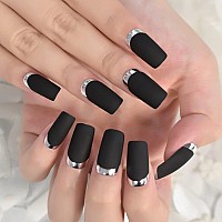 Elevenail Matte Black Silver Metallic French Press On False Nails Medium Length Square Salon Diy Manicure Reusable Fake Acrylic