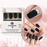 Elevenail Matte Black Silver Metallic French Press On False Nails Medium Length Square Salon Diy Manicure Reusable Fake Acrylic