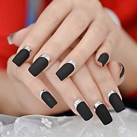 Elevenail Matte Black Silver Metallic French Press On False Nails Medium Length Square Salon Diy Manicure Reusable Fake Acrylic