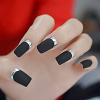 Elevenail Matte Black Silver Metallic French Press On False Nails Medium Length Square Salon Diy Manicure Reusable Fake Acrylic