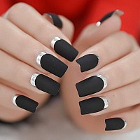 Elevenail Matte Black Silver Metallic French Press On False Nails Medium Length Square Salon Diy Manicure Reusable Fake Acrylic