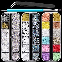 Mixed 3D Nail Art Gem Decoration Accessories Kit #2, Aurora Bear Bow Butterfly Starry AB Rhinestone Charm Jewelry for Deco, Pearl Flower Caviar Bead Stone Crystal with Dual-End Brush and Tweezer