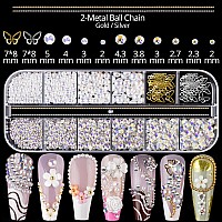 Mixed 3D Nail Art Gem Decoration Accessories Kit #2, Aurora Bear Bow Butterfly Starry AB Rhinestone Charm Jewelry for Deco, Pearl Flower Caviar Bead Stone Crystal with Dual-End Brush and Tweezer