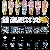 Mixed 3D Nail Art Gem Decoration Accessories Kit #2, Aurora Bear Bow Butterfly Starry AB Rhinestone Charm Jewelry for Deco, Pearl Flower Caviar Bead Stone Crystal with Dual-End Brush and Tweezer