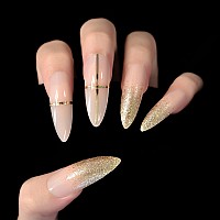 Elevenail Beige Nude Glitter French Press On False Nails Super Long Stiletto Salon Diy Manicure Reusable Fake Acrylic Nail Art T