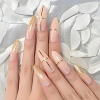 Elevenail Beige Nude Glitter French Press On False Nails Super Long Stiletto Salon Diy Manicure Reusable Fake Acrylic Nail Art T