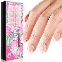 Una Gella French Fake Nail Tips No Need File 288Pcs Extra Short Square French Gel Nails Tips 3 In 1 Prebuff Press On Nails Pink