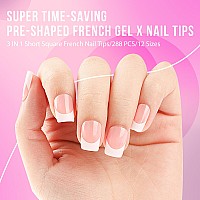 Una Gella French Fake Nail Tips No Need File 288Pcs Extra Short Square French Gel Nails Tips 3 In 1 Prebuff Press On Nails Pink