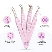 M Lash Tweezers For Eyelash Extensions Set Of 4 Professional Lash Extension Tweezers Fiber Tip Japanese Steel Diamond Gr