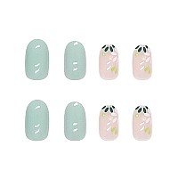 Rikview Almond Press On Nails Medium Fake Nails With Flowers Design Green Nails For Women 24 Pcsset