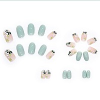 Rikview Almond Press On Nails Medium Fake Nails With Flowers Design Green Nails For Women 24 Pcsset