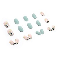 Rikview Almond Press On Nails Medium Fake Nails With Flowers Design Green Nails For Women 24 Pcsset