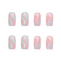 Rikview French Tip Press On Nails Medium Fake Nails Blue Nails For Women With Swirls Design Square Acrylic Nails