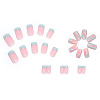 Rikview French Tip Press On Nails Medium Fake Nails Blue Nails For Women With Swirls Design Square Acrylic Nails