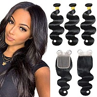 Body Wave 3 Bundles With Closure Human Hair 100 Unprocessed Brazilian Virgin Hair 10 12 1410 Weave Bundles Human Hair With 4