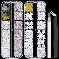 Mixed 3D Nail Art Gem Decoration Accessories Kit #9, Butterfly Starry AB Rhinestone Charm Jewelry for Deco, Pearl Flower Caviar Bead Stone Crystal with Pickup Pencil and Tweezer