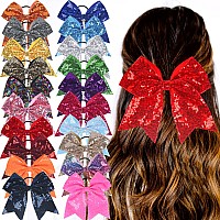 Xansema Women Girls Kids Teens Sequins Hair Bows Elastic Hair Tie Ribbon Large Cheer Bow Ponytail Holder Hair Band Light Blue