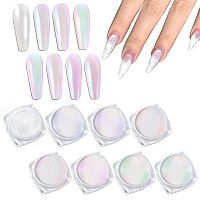 Laza White Pearl Chrome Nail Powder 8 Colors Metallic Mirror Effect Pigment Ice Transparent Aurora Nail Glitter Dust Kit For G