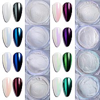 Laza White Pearl Chrome Nail Powder 8 Colors Metallic Mirror Effect Pigment Ice Transparent Aurora Nail Glitter Dust Kit For G