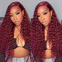 Isee Hair 99J Water Wave Transparent Lace Front Wigs Human Hair Pre Plucked 22 Inch 150 Density Brazilian Deep Curly Wave Human