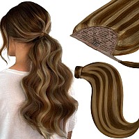 Loxxy Ponytail Extension Human Hair Wrap Around Ponytail Hair Extension Piano Straight 14 Inch 70G Dark Brown Mixed With Light B