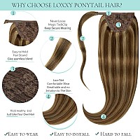 Loxxy Ponytail Extension Human Hair Wrap Around Ponytail Hair Extension Piano Straight 14 Inch 70G Dark Brown Mixed With Light B