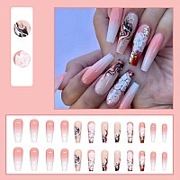 24 Pcs Yoyoee Long Press On Nails Coffin False Nails Marble Nails Gradient Fake Nails Pink Nails For Womon And Girle