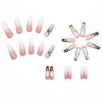 24 Pcs Yoyoee Long Press On Nails Coffin False Nails Marble Nails Gradient Fake Nails Pink Nails For Womon And Girle