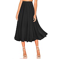 v28 Women Midi Tea Length Elastic Pleated Retro A-line chiffon Long Skirt(L,Black T-Length)