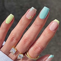 Rikview French Tip Press On Nails Medium Fake Nails Blue Stick On Nails With Flowers Design Square Yellow Nails For Women