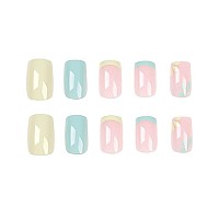 Rikview French Tip Press On Nails Medium Fake Nails Blue Stick On Nails With Flowers Design Square Yellow Nails For Women